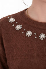 Brushed Knit Sweater With Seashell Neckline — Brown