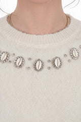 Gestrickter Pullover Mit Muschel‑Detail Am Kragen, Ecru