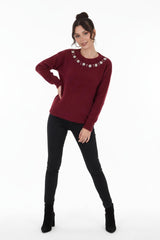 Gestrickter Pullover Mit Muschel‑Detail Am Kragen, Bordeaux
