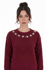 Gestrickter Pullover Mit Muschel‑Detail Am Kragen, Bordeaux
