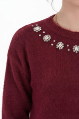 Gestrickter Pullover Mit Muschel‑Detail Am Kragen, Bordeaux