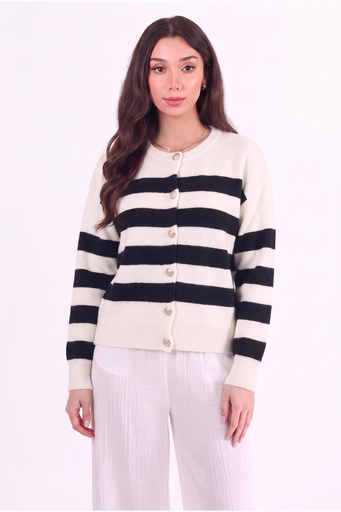 Gestreepte Gebreide Cardigan Met Knoopsluiting — Ecru