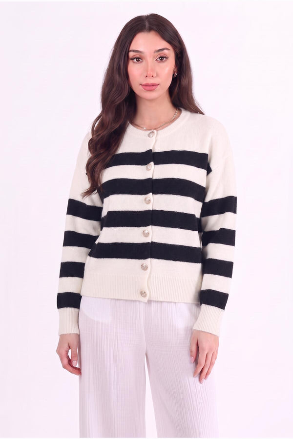 Gestrreifte Strickjacke Mit Knopfleiste — Ecru