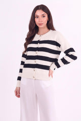 Gestreepte Gebreide Cardigan Met Knoopsluiting — Ecru