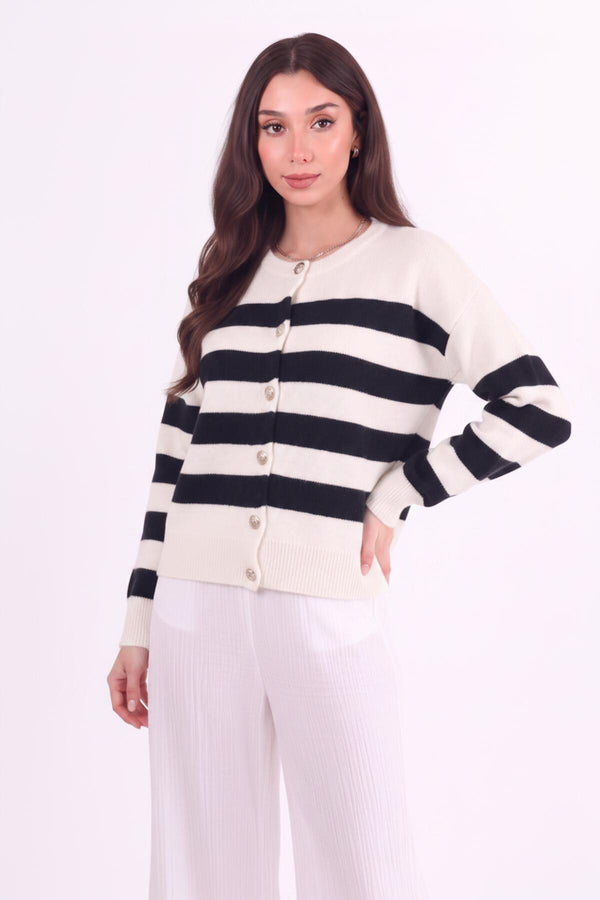 Gestrreifte Strickjacke Mit Knopfleiste — Ecru
