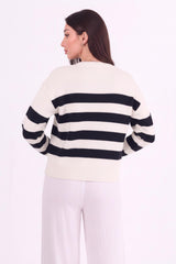 Gestreepte Gebreide Cardigan Met Knoopsluiting — Ecru