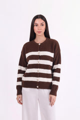Gestrreifte Strickjacke Mit Knopfleiste — Braun