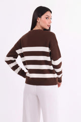 Gestrreifte Strickjacke Mit Knopfleiste — Braun
