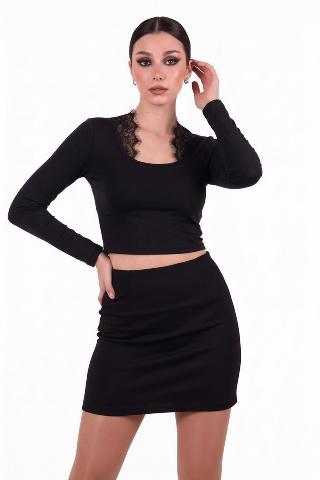 Cropped Top Met Kantdetail En Lange Mouwen, Zwart
