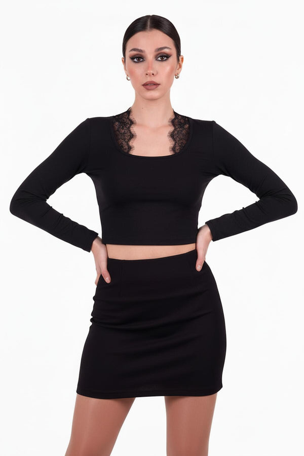 Cropped Top Met Kantdetail En Lange Mouwen, Zwart