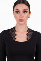 Cropped Top Met Kantdetail En Lange Mouwen, Zwart