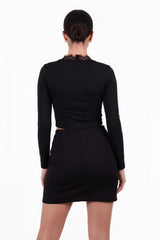 Cropped Top Met Kantdetail En Lange Mouwen, Zwart