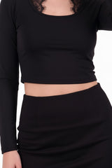 Cropped Top Met Kantdetail En Lange Mouwen, Zwart