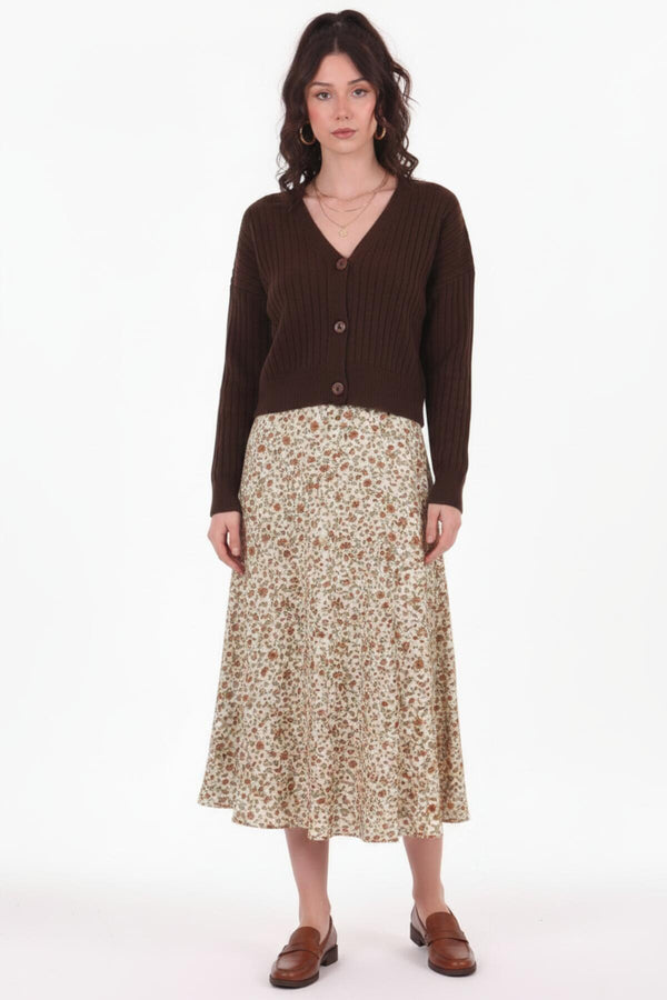 Geribbelde Cardigan Met Knoopsluiting – Bruin