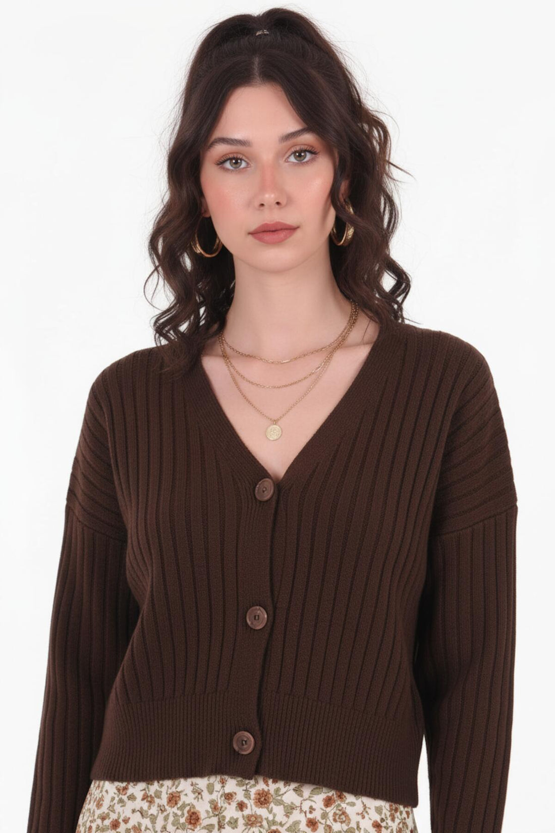 Gerippte Strickjacke Mit Knopfleiste – Braun