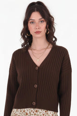 Gerippte Strickjacke Mit Knopfleiste – Braun