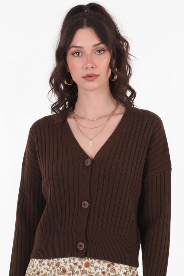 Geribbelde Cardigan Met Knoopsluiting – Bruin