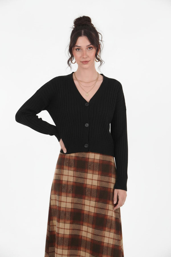 Geribbelde Cardigan Met Knoopsluiting – Zwart