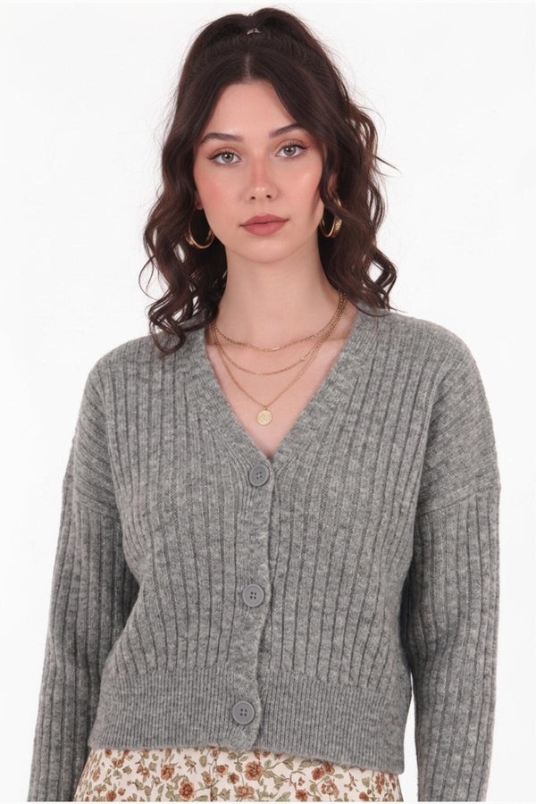 Geribbelde Cardigan Met Knoopsluiting — Grijs
