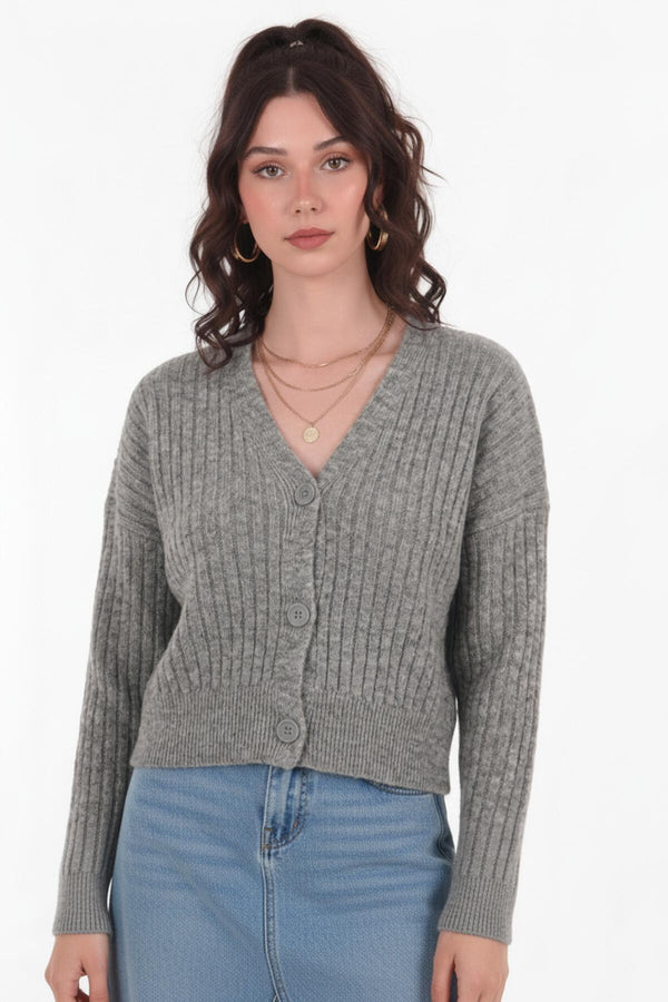 Geribbelde Cardigan Met Knoopsluiting — Grijs