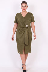 Plus - Size Araboy Avondjurk Met Korte Mouw En Taillebroche — Groen
