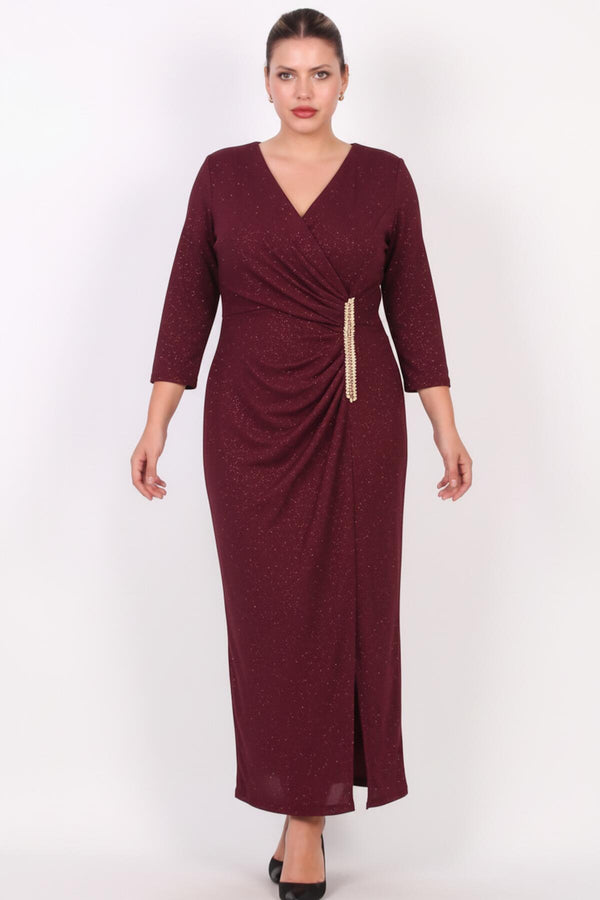 Plus - Size Long Evening Dress With Waist Embellishment — Burgundy