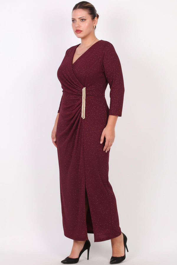 Plus - Size Long Evening Dress With Waist Embellishment — Burgundy