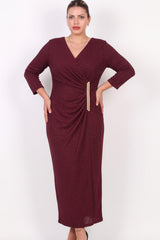 Plus - Size Long Evening Dress With Waist Embellishment — Burgundy