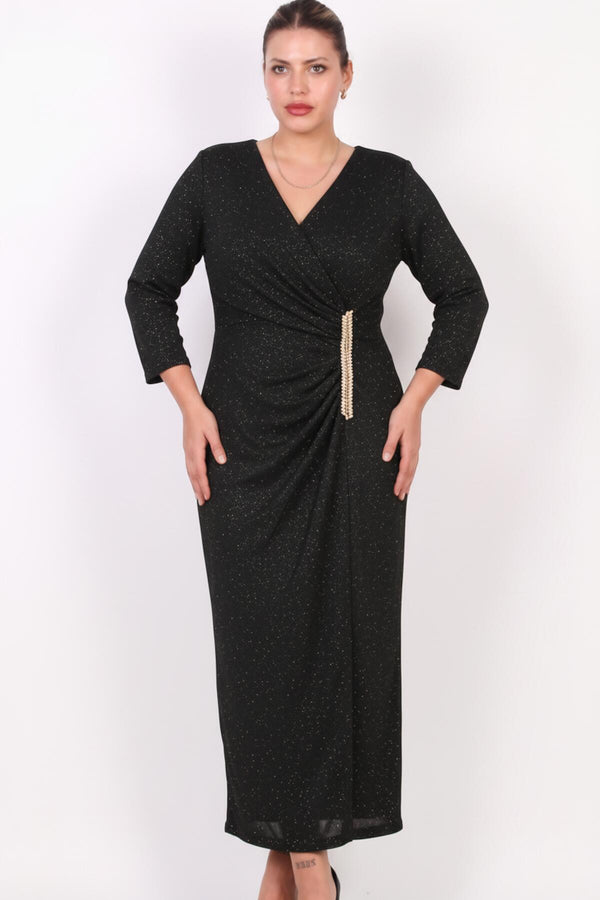 Plus - Size Lange Avondjurk Met Taille‑Accessoire — Zwart