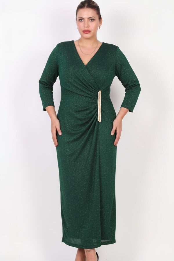 Plus - Size Long Evening Dress With Waist Embellishment — Green