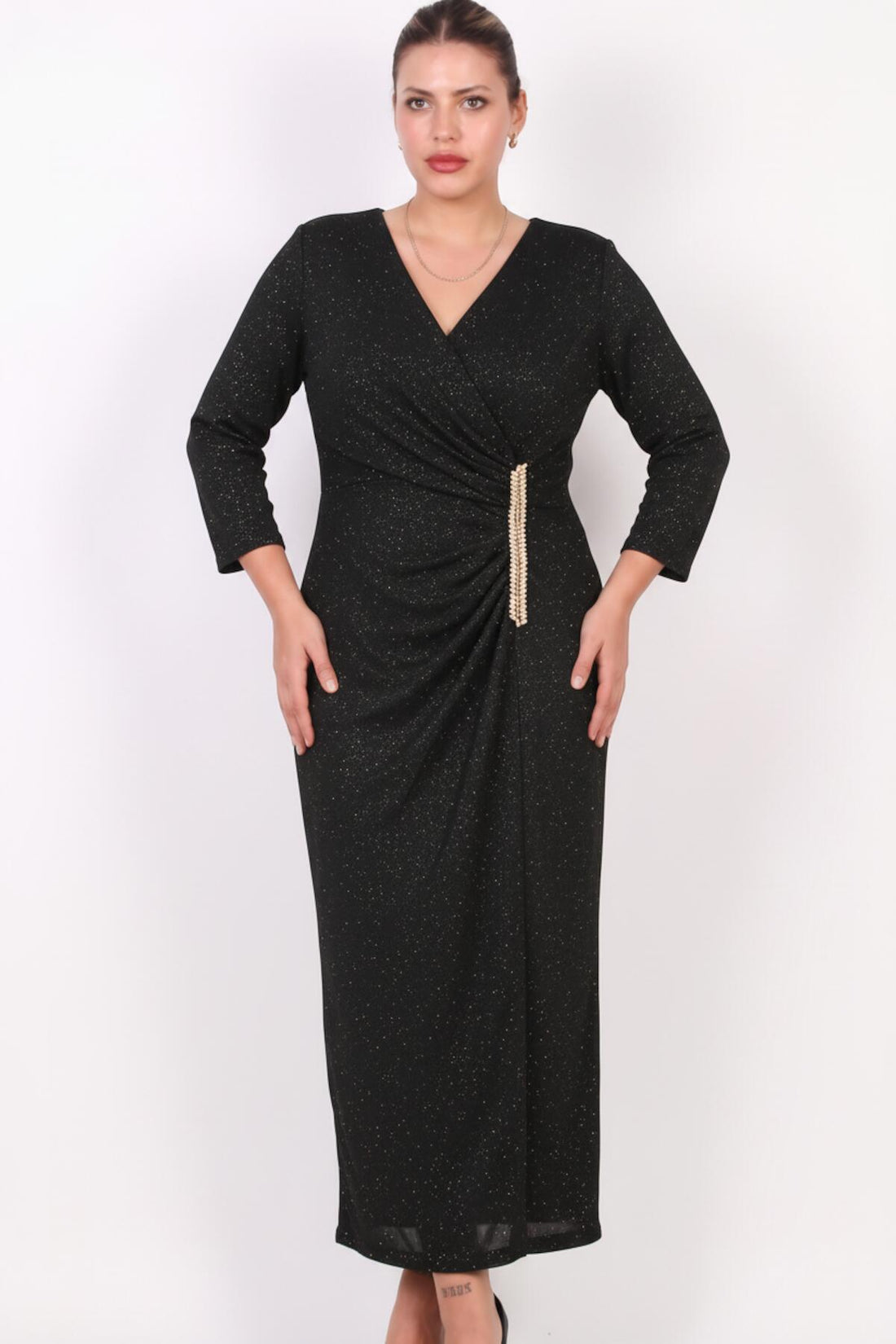 Plus - Size Lange Avondjurk Met Taille - Accessoire — Zwart