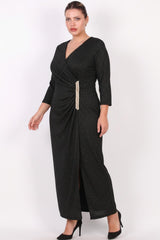 Plus - Size Lange Avondjurk Met Taille - Accessoire — Zwart