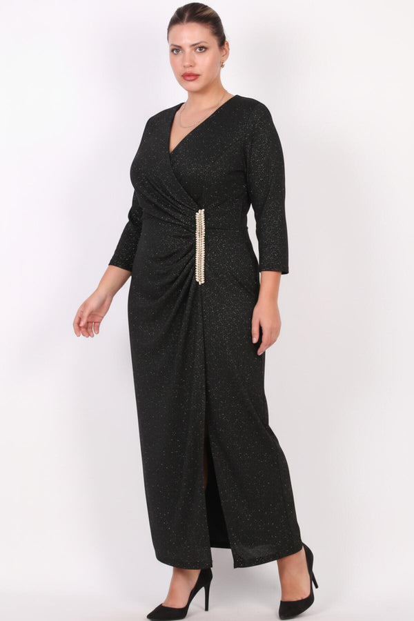 Plus - Size Lange Avondjurk Met Taille - Accessoire — Zwart