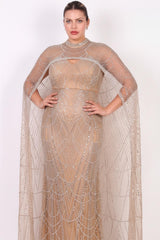 Plus - Size Tweedelige Lange Avondjurk Met Pailletten En Kraaltjes, Beige