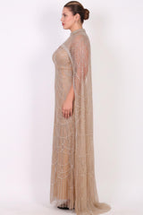 Plus - Size Tweedelige Lange Avondjurk Met Pailletten En Kraaltjes, Beige