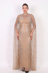 Plus - Size Tweedelige Lange Avondjurk Met Pailletten En Kraaltjes, Beige