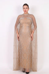 Plus - Size Tweedelige Lange Avondjurk Met Pailletten En Kraaltjes, Beige