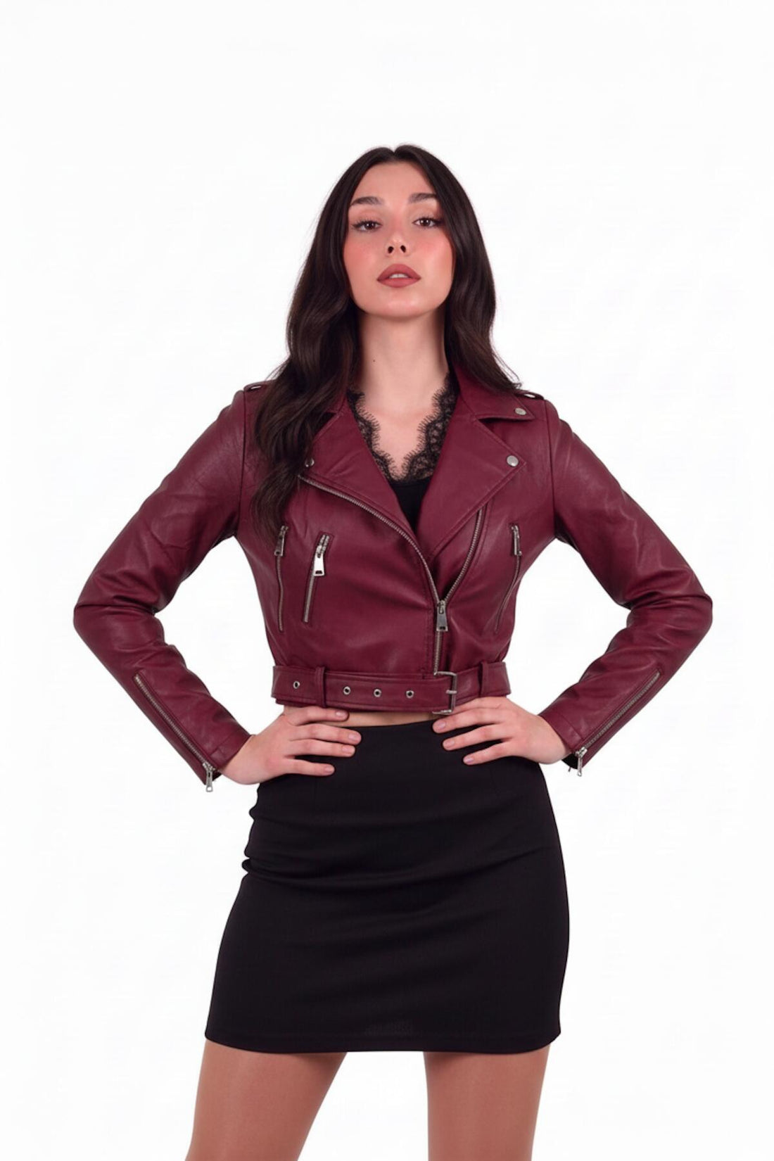 Veste Biker Courte En Similicuir Avec Zip — Bordeaux