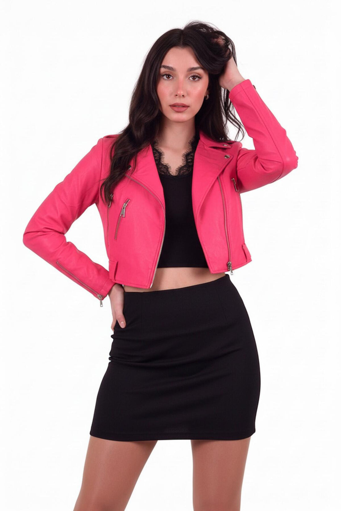 Kurze Bikerjacke Aus Kunstleder — Rosa