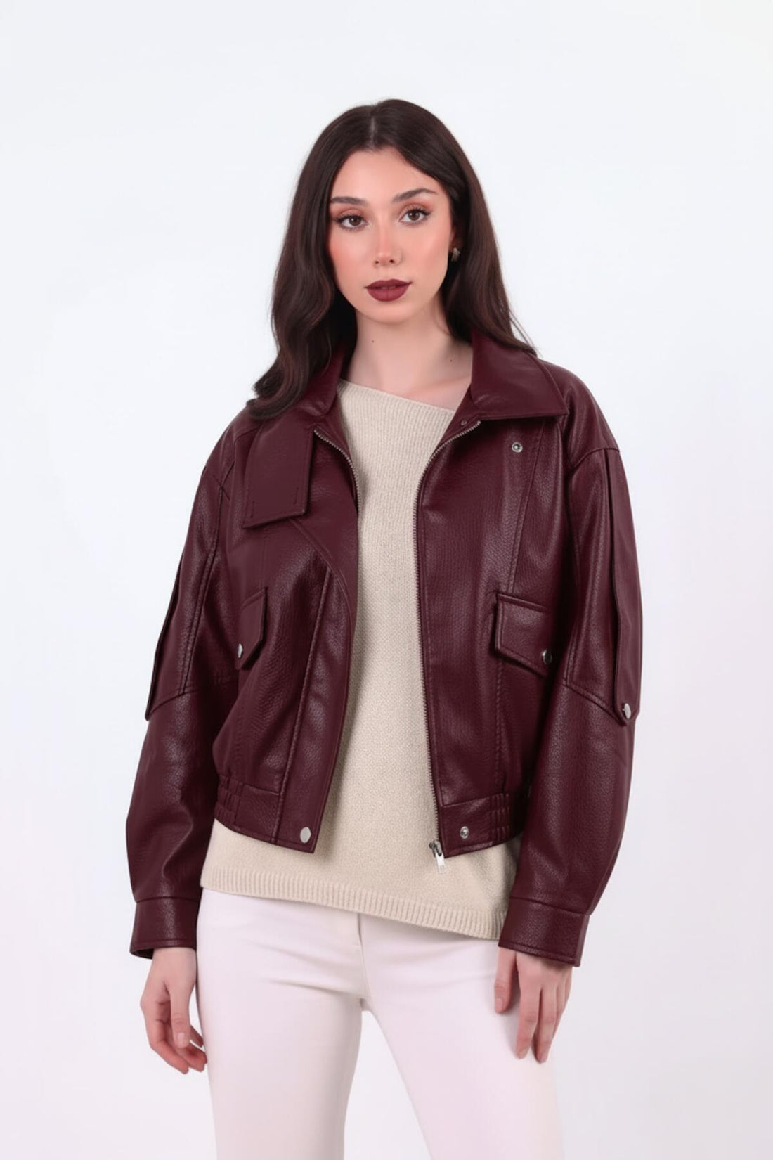 Veste En Simili Cuir Bordeaux À Taille Élastiquée