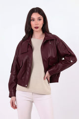 Veste En Simili Cuir Bordeaux À Taille Élastiquée