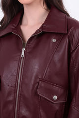 Veste En Simili Cuir Bordeaux À Taille Élastiquée