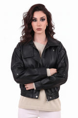 Veste En Similicuir Taille Élastiquée – Noir