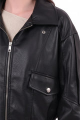 Veste En Similicuir Taille Élastiquée – Noir