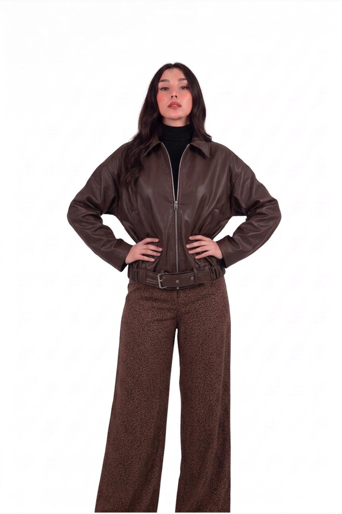 Veste Ceinturée En Cuir — Marron