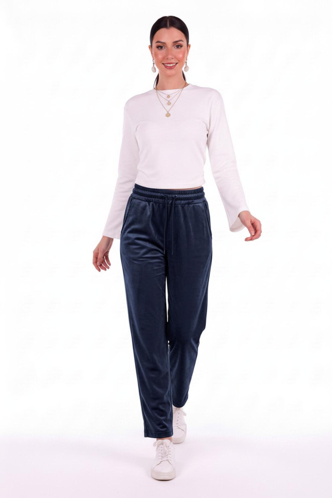 Marineblaue Velours‑Jogginghose, Gerade Geschnitten