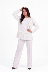 Ensemble Pantalon Deux‑Pièces Plissé Avec Broche Fleurie — Écru