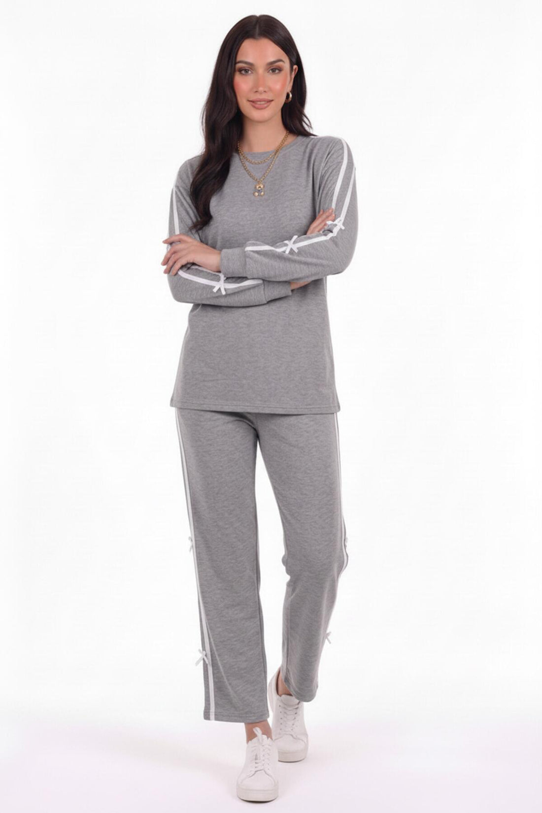Bow‑Trim Striped Sweat Set — Grey