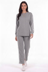 Bow‑Trim Striped Sweat Set — Grey