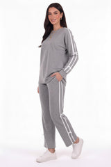 Bow‑Trim Striped Sweat Set — Grey